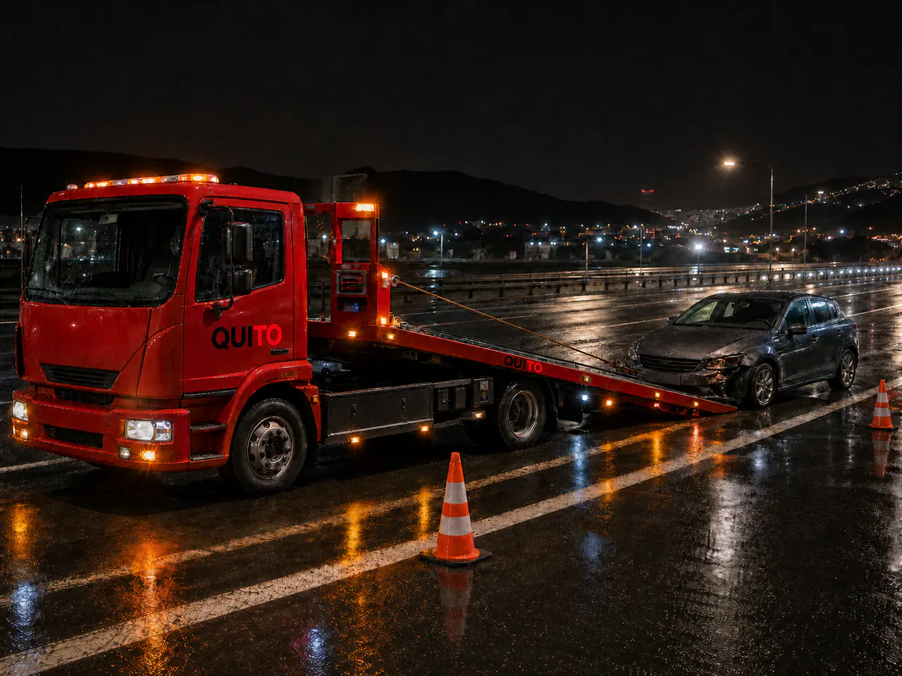 Quito-branded red European recovery truck assisting a car at night on a wet Georgian motorway