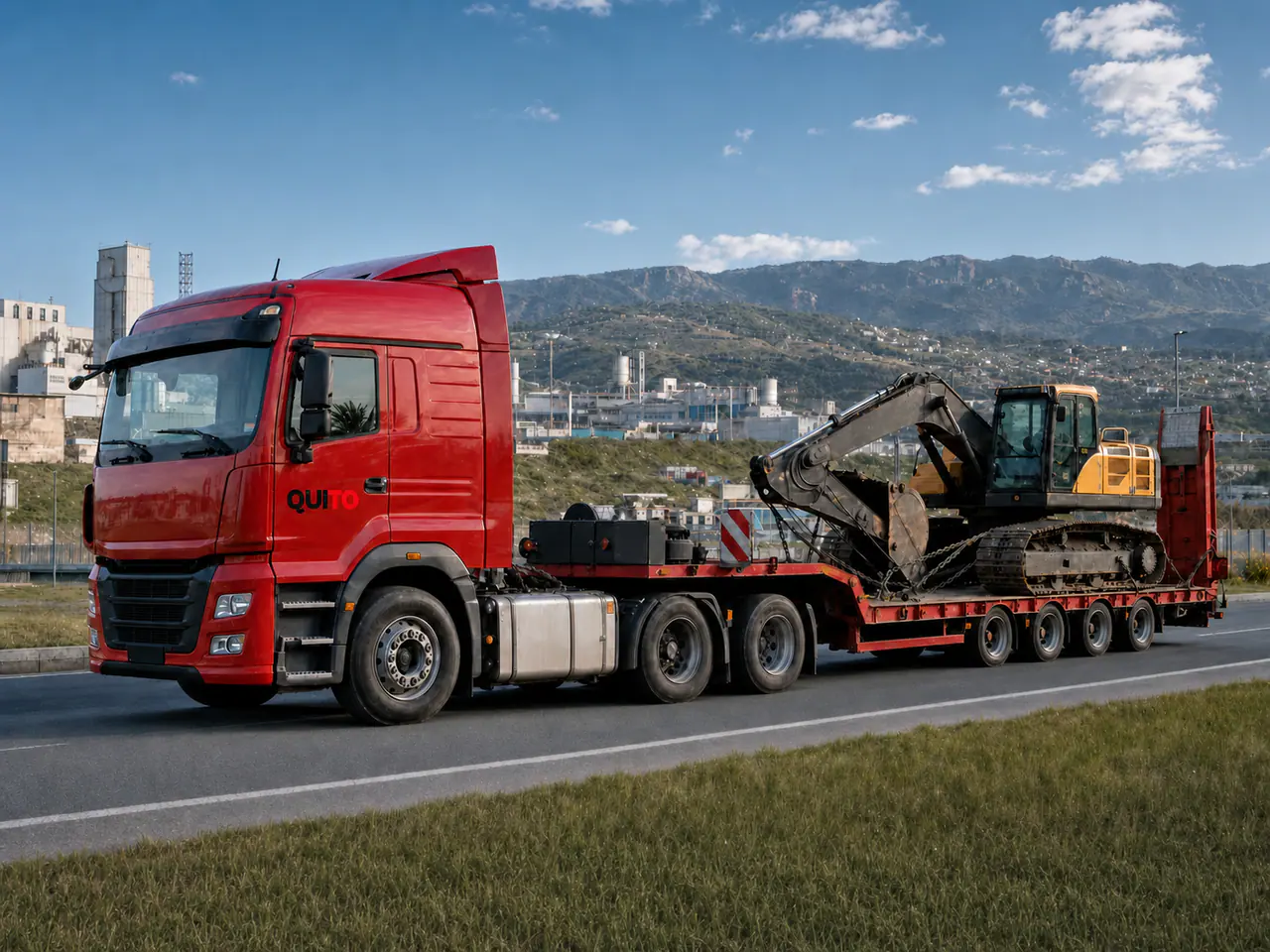 Quito-branded red European tractor and low-loader carrying tracked equipment in a Georgian industrial corridor