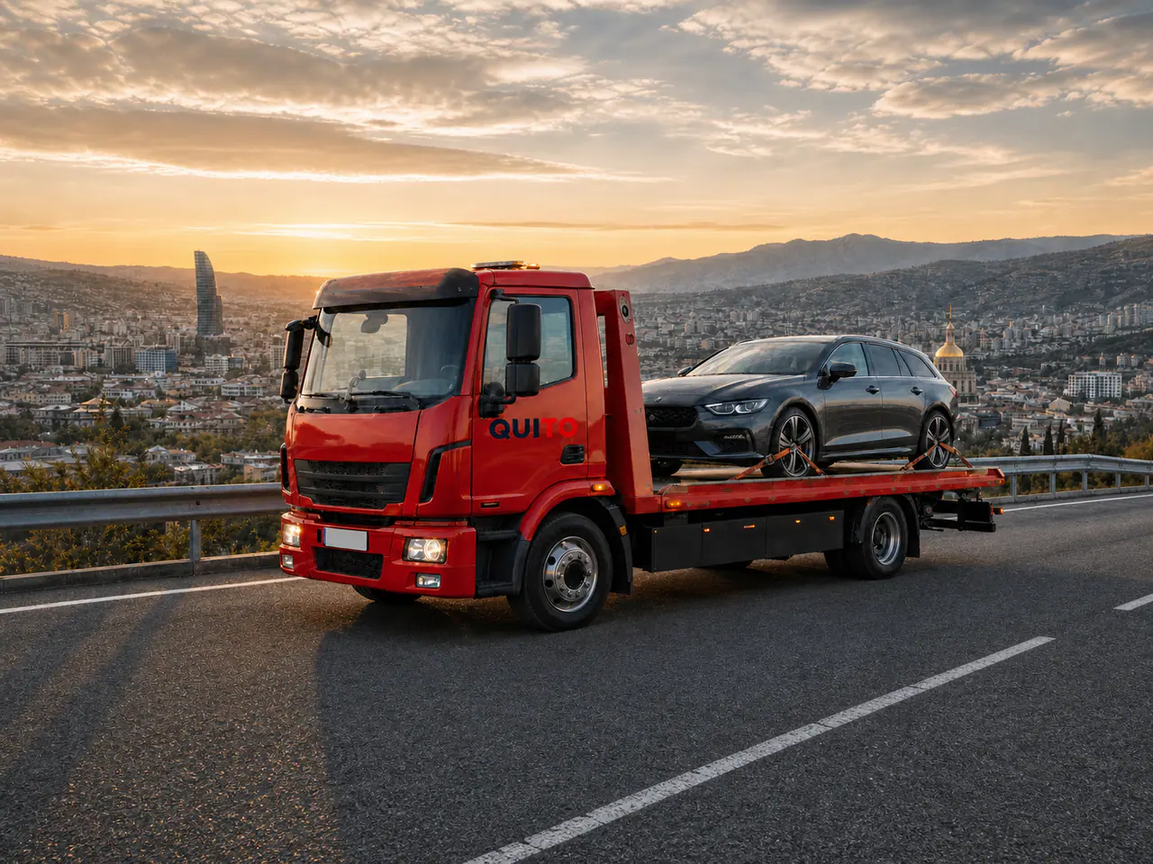 Quito-branded red European recovery truck carrying a car near Tbilisi, Georgia