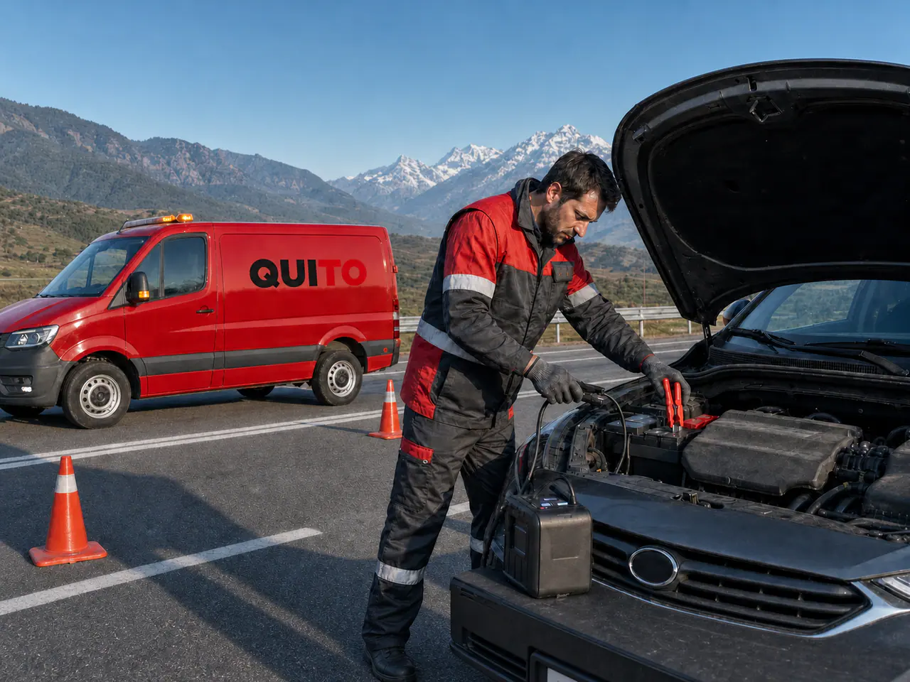 Technician using a jump pack beside a Quito-branded roadside van on a Georgian road