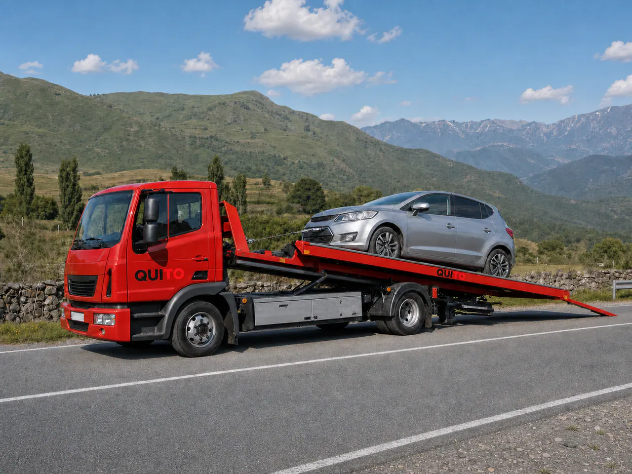 Quito-branded red European flatbed recovery truck loading a hatchback on a Georgian road