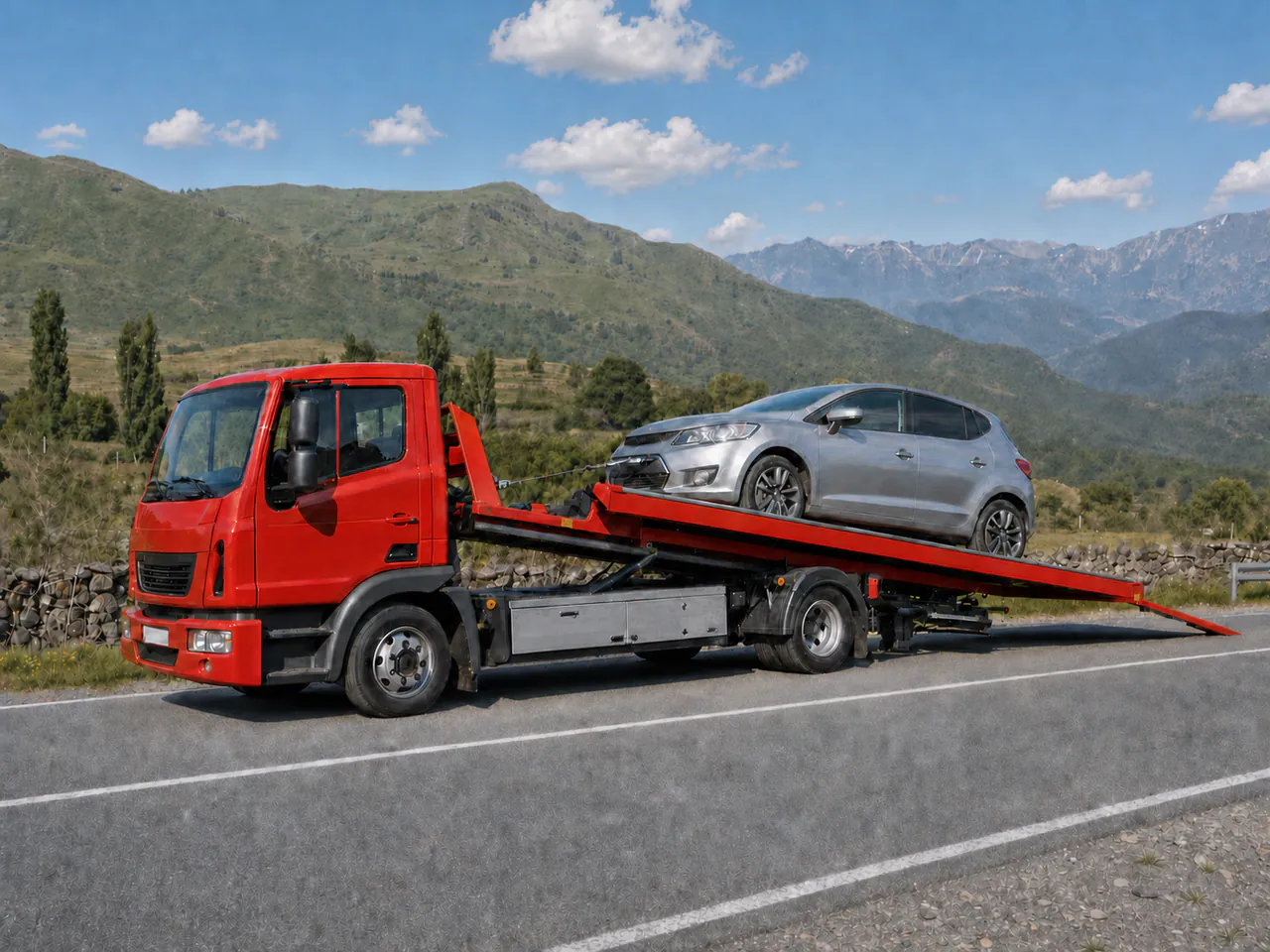 Red European flatbed recovery truck transporting a passenger car on a road in Georgia