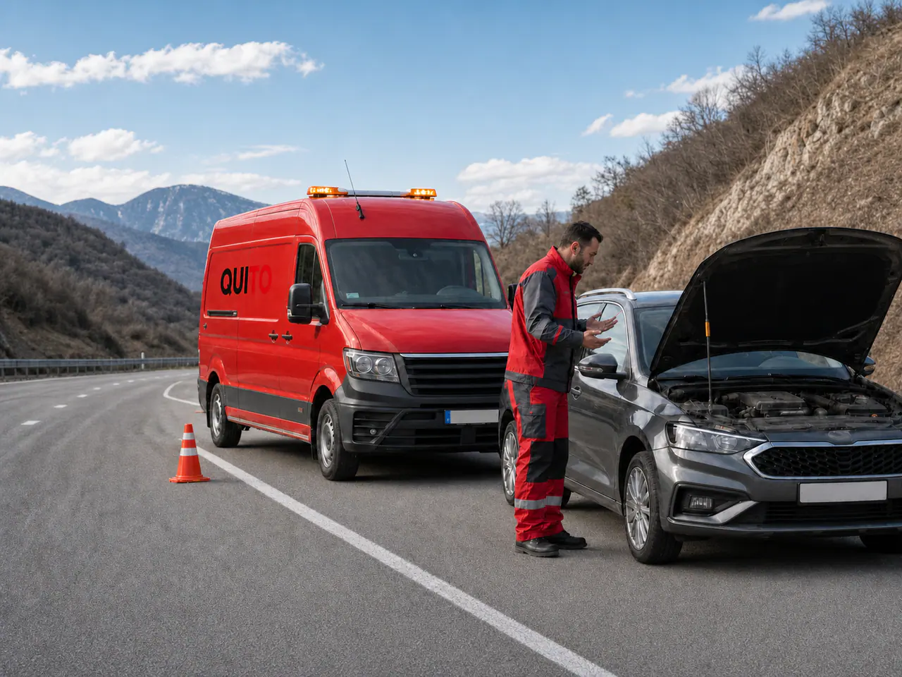Roadside technician and Quito-branded service van assisting a European car beside a safe Georgian road
