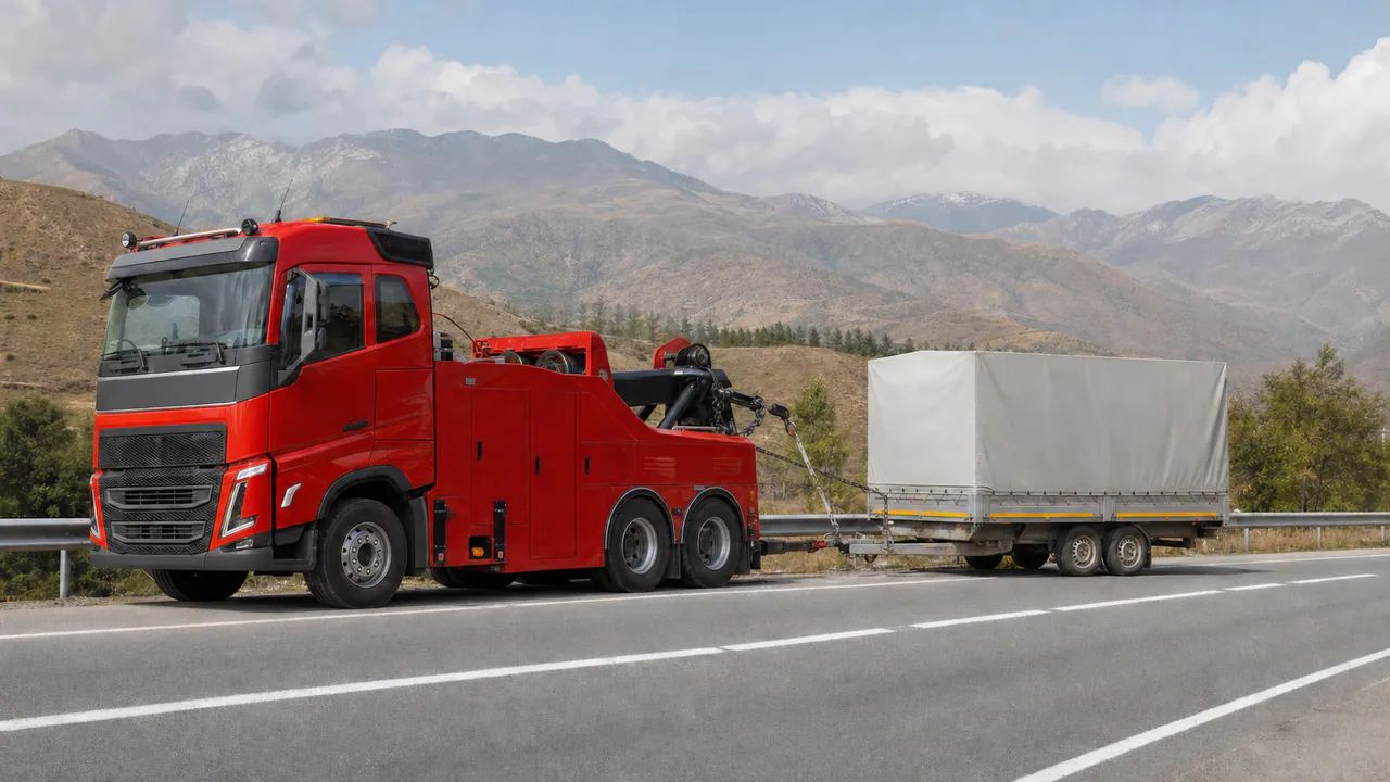 Red European recovery truck transporting a disabled trailer on a road in Georgia