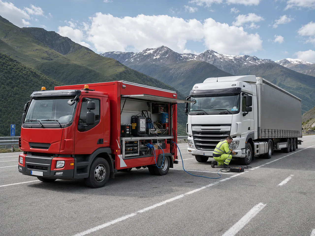 Red European roadside service truck assisting a commercial fleet vehicle in Georgia