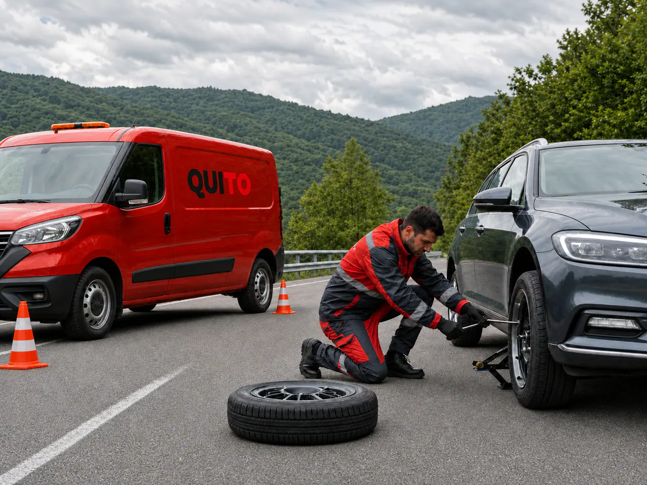 Technician changing a tyre beside a Quito-branded roadside van in a safe Georgian lay-by