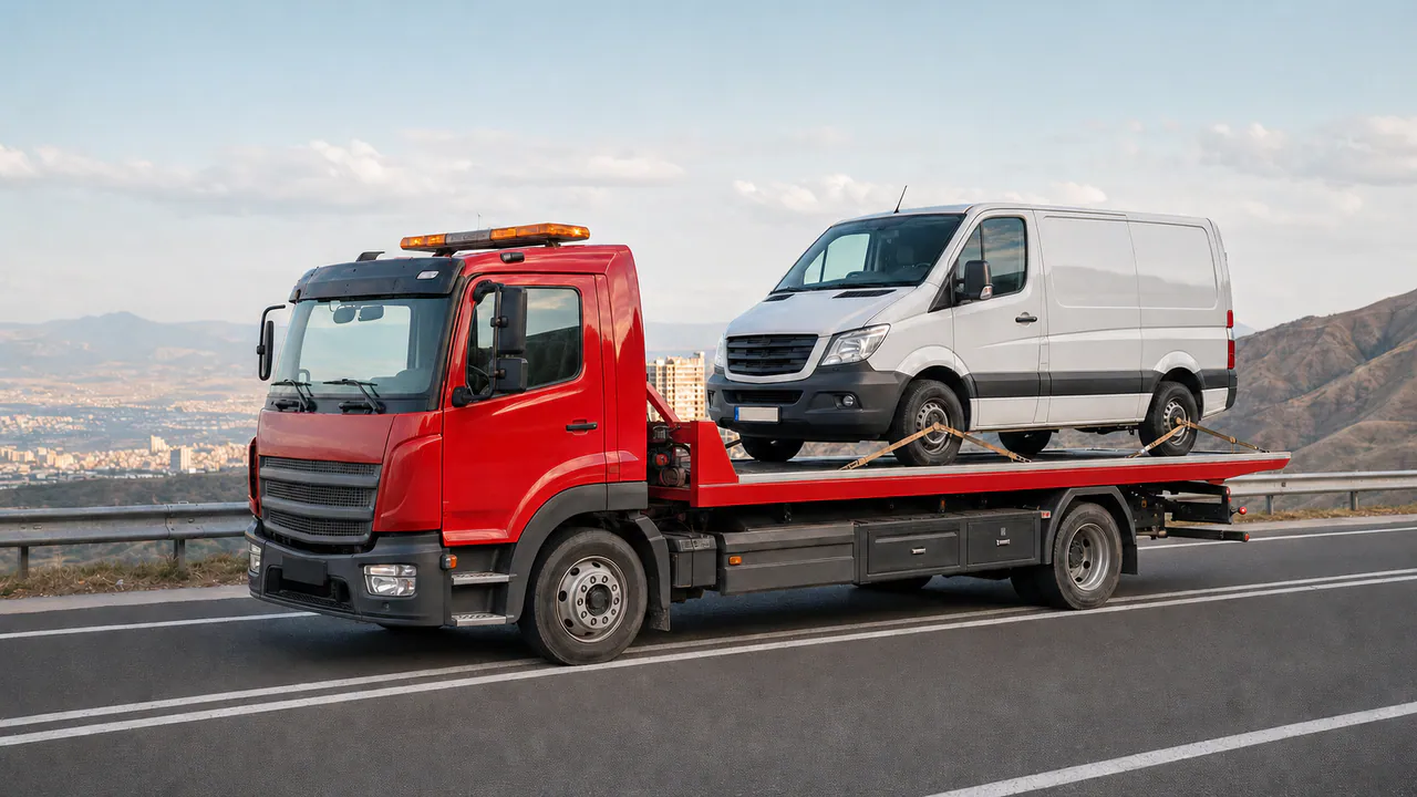 Red European recovery truck transporting a commercial van on a road in Georgia